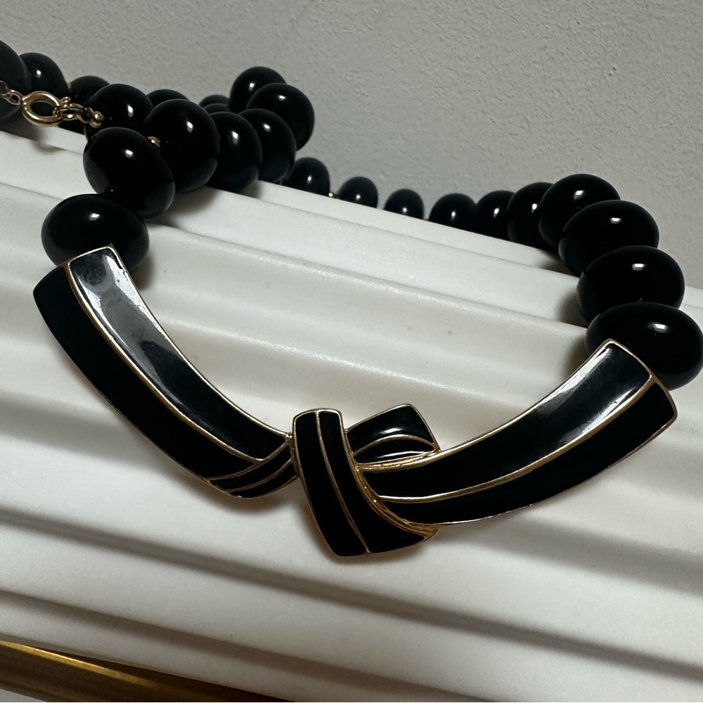 Trifari Statement Black Enamel Gold Tone Beaded Necklace with Modern Bow Design